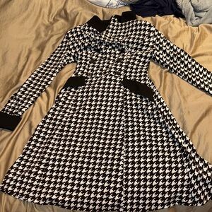 SHEIN Black and White Houndstooth Fit-and-Flare Long Sleeve Dress